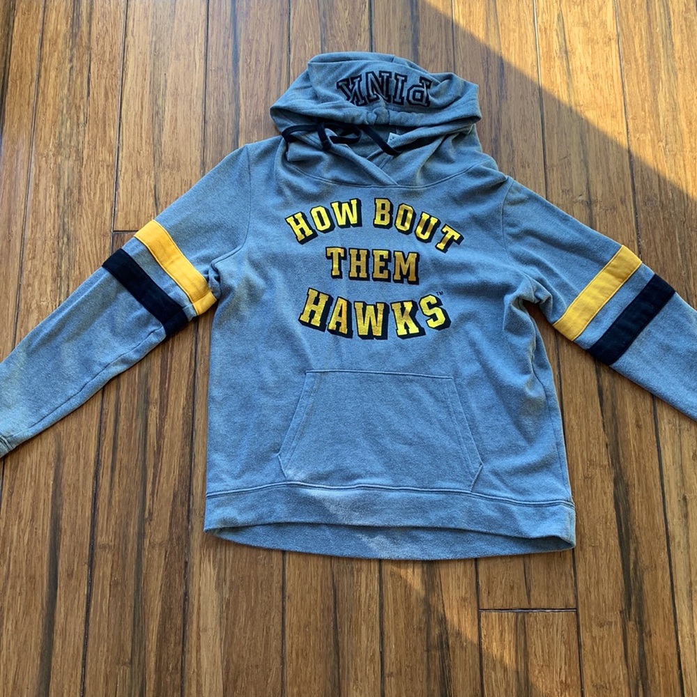 PINK Iowa Hawkeyes How Bout them Hawks sweatshirt gray and gold